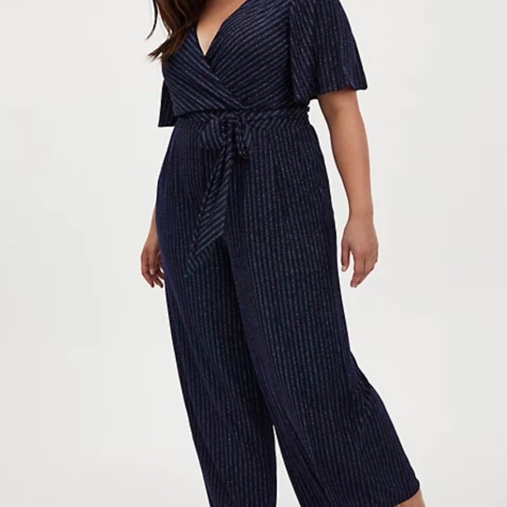 Dark Blue & Multi Stripe Shimmer Surplice Jumpsuit